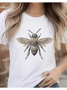 ComfortableCamiseta casual para mujer con estampado geométrico de abejas, ideal para amantes de la naturaleza. Conjunto de verano, camiseta 2D de mujer, diseño casual holgado, ligeramente elásticaFashion All-match Women's Short Sleeve T-shirt, Basic Style for Inner & Outer Wear - Blanco - Ver 1