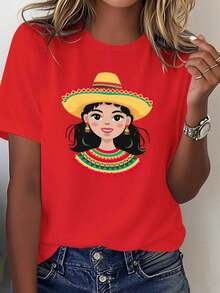 ComfortableCamiseta ligera de mujer para el Cinco de Mayo mexicano, cómoda, de color sólido, 100% algodón, opción popular.Fashion All-match Women's Short Sleeve T-shirt, Basic Style for Inner & Outer Wear - Rojo - Ver 8