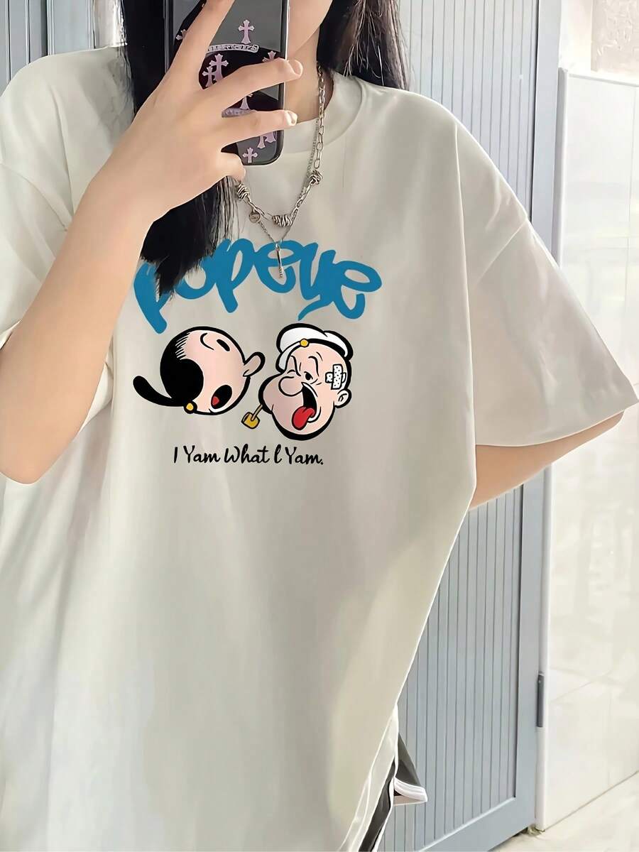 Camiseta de manga corta con estampado de anime para mujer de talla grande - Estilo japonés coreano, cuello redondo, corte holgado, con lindos personajes de dibujos animados y el eslogan "I Am What I Am", top casual transpirable para verano, ropa de anime, camiseta cómoda, diseño y confort duradero. |   Diseño exquisito |   Suelto y cómodo |   Fácil de combinar | - Blanco - Ver 1