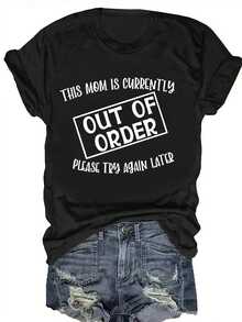 Camiseta con Estampado de Letras, Manga Corta, Cuello Redondo, Top Casual para Verano y Primavera, Ropa de Mujer - Negro - Ver 1