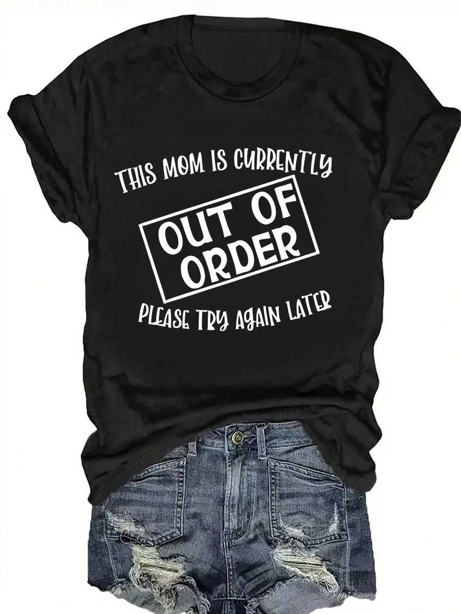 Camiseta con Estampado de Letras, Manga Corta, Cuello Redondo, Top Casual para Verano y Primavera, Ropa de Mujer - Negro - Ver 1