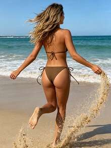 Summer Women's Fashion Sexy Coffee Color Rhinestone Halter Tie Bikini Top + Side Tie Bottoms 2-Piece Swimwear, Suitable For Vacation, Swimming, Beach, Cruise And Other Occasions - Coffee Brown - View 4