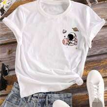 COOL SUMMER Cute Short Sleeve Cotton T-Shirt With  And  Print, Anime Style, Cartoon Fashion For Women And Girls, Kawaii Top | Exquisite Design | Loose And Comfortable | Easy To Match | - 白色 5 - 查看 8