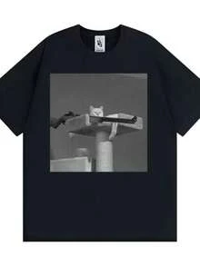 blusas para mujer Funny Outlaw Cat with Gun Meme Vintage Graphic T Shirt Unisex Fashion Casual O-Neck T-shirts Men High Quality T-shirt Streetwear - Negro - Ver 1