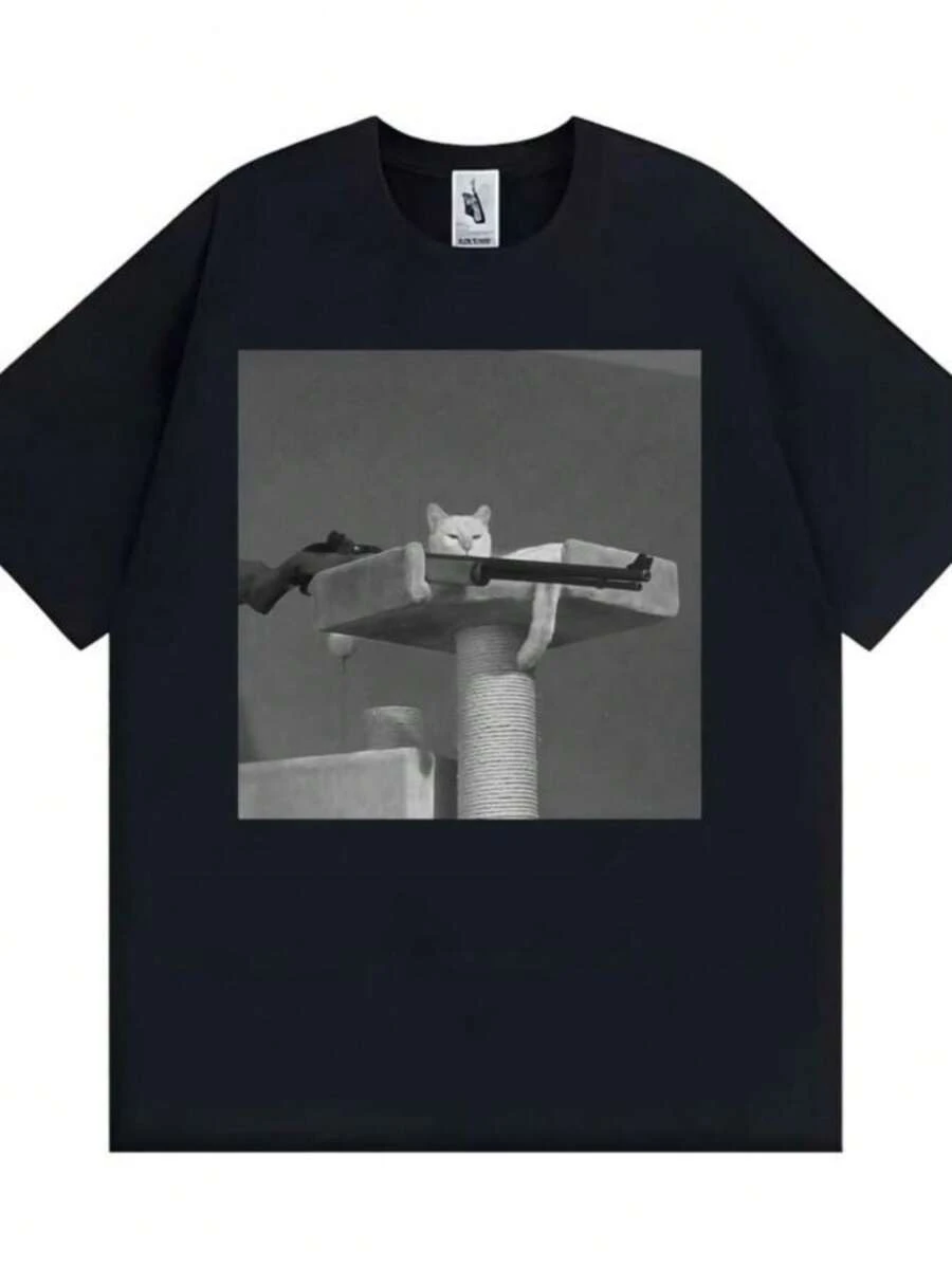 blusas para mujer Funny Outlaw Cat with Gun Meme Vintage Graphic T Shirt Unisex Fashion Casual O-Neck T-shirts Men High Quality T-shirt Streetwear - Negro - Ver 1