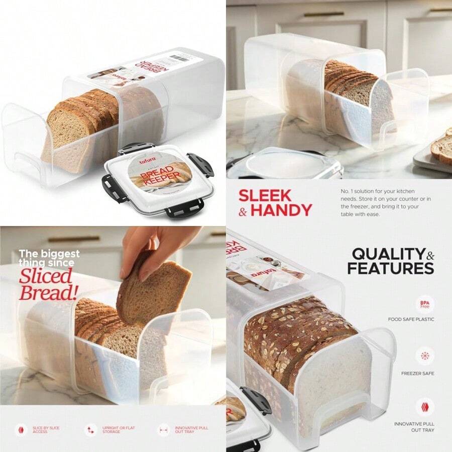 Tafura - Contenedor de almacenamiento de pan con bandeja caja de pan de plástico contenedor de pan con tapa hermética pan de pan soporte para pan casero sin BPA - Paquete de 1 unidad en color negro - Ver 1