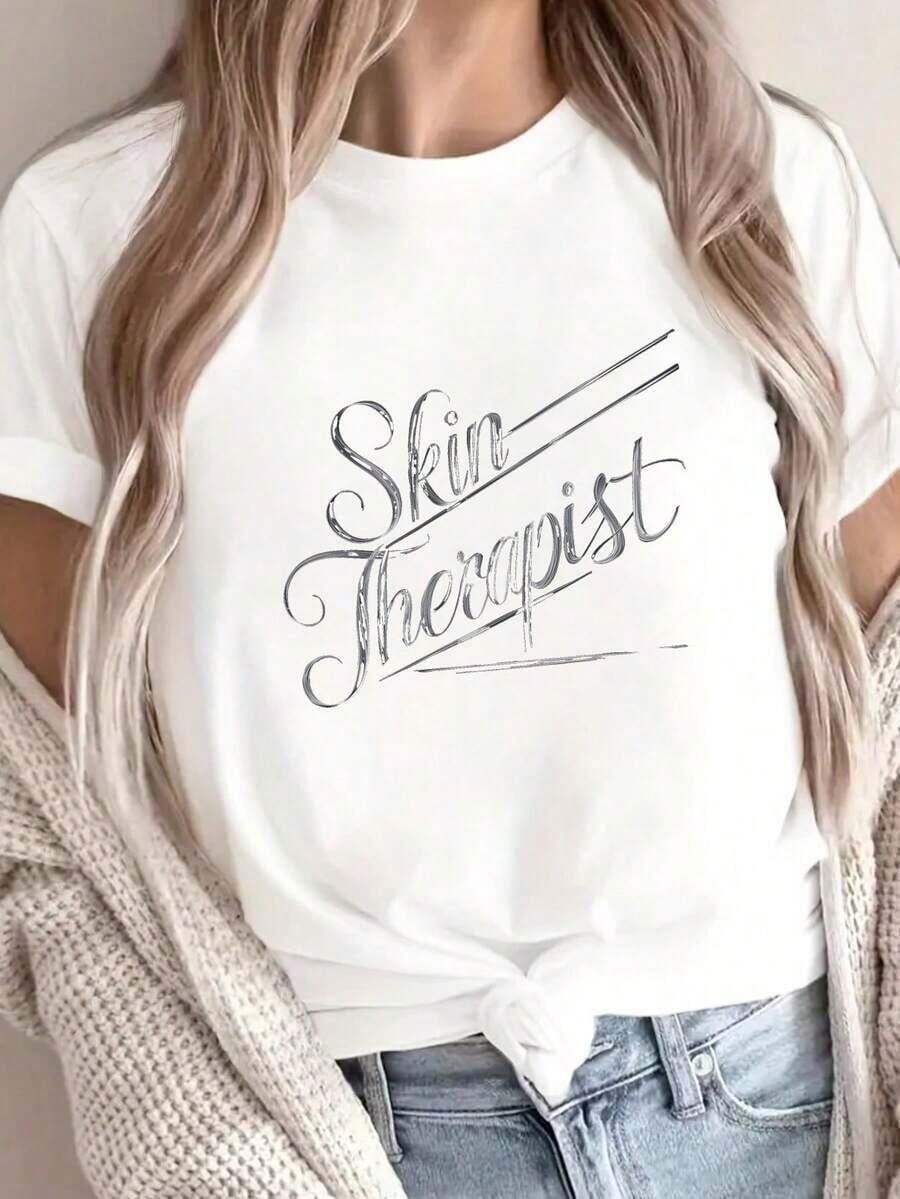 playeras de mujer algodon Camiseta casual premium de manga corta y cuello redondo, con un elegante estampado de letras, adecuada para primavera y verano, diseño esencial para mujer. >ropa - Blanco - Ver 1