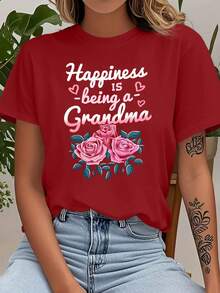 Women's Casual Short Sleeve T-Shirt - Printed With The Phrase "Happiness Is Being A Grandmother", Round Neck, Machine Washable, Casual Spring/Summer Vacation Wear, Easy-To-Wear T-Shirt, Fun Design, Loose Fit, Fashionable, Durable Printed T-Shirt - High Quality - 紅色 - 查看 7