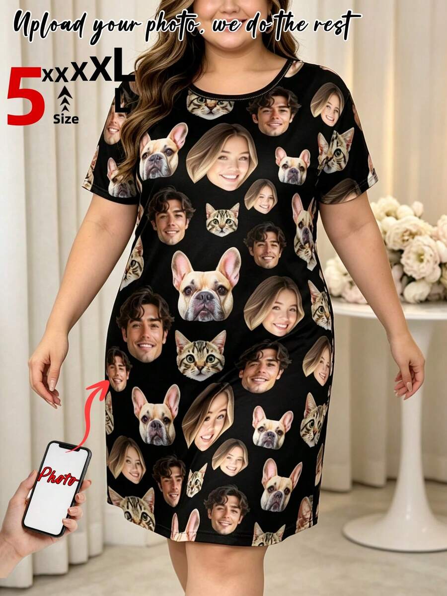 Plus Size Women's Personalized Photo Pattern Nightgown, Customizable Text, Loose Fit, Breathable All-Season Home Sleepwear, Unique Gift - Black - View 1