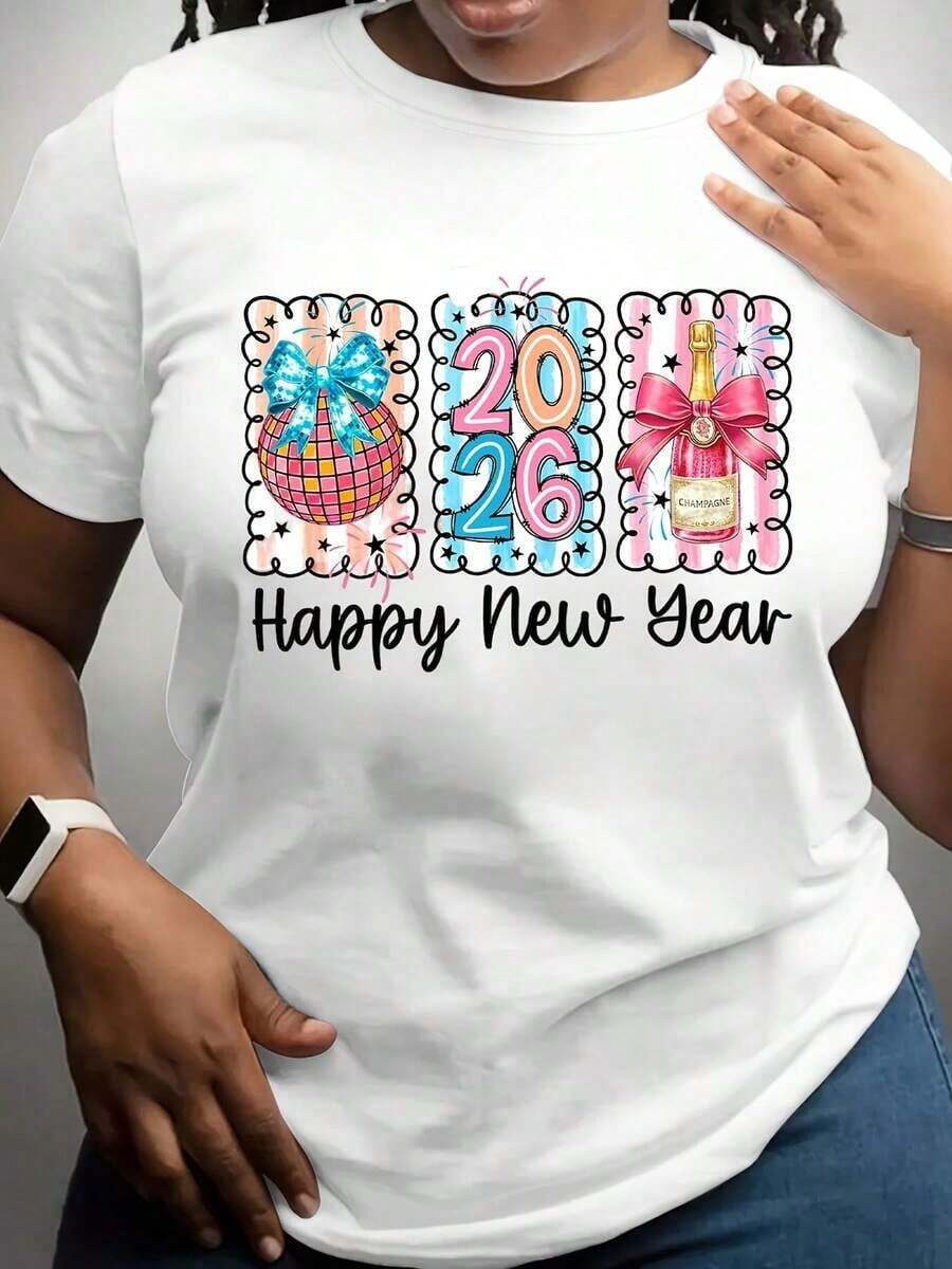 Camiseta de mujer 100% algodón con estampado de bolas de champán y la frase "Feliz Año Nuevo 2026" para celebración de fiesta. - Blanco - Ver 1