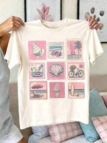 1 pieza de camiseta de manga corta con cuello redondo para mujer, estampado de leopardo con diseño gráfico inglés, adecuada para primavera y verano, opción premium para vacaciones y viajes, tela cómoda y transpirable, diseño exquisito y a la moda, 180g de algodón 100%. - Negro - Ver 10