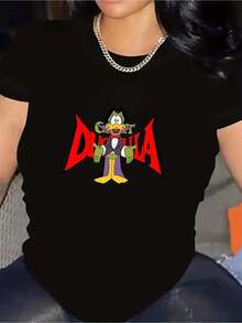 Camiseta de manga corta con cuello redondo y estampado de dibujos animados para mujer, de poliéster tejido, estilo deportivo, para todas las estaciones, camiseta casual atlética, diseño estampado, tela elástica, playeras de mujer. - Negro - Ver 7