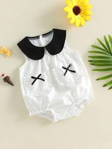 Mono de verano para bebé niña con adorable detalle de volantes, bolsillo y lazo, sin mangas y cuello de muñeca. - Blanco - Ver 4