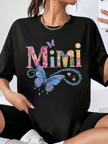 Camiseta Oversize con Estampado de Mariposas Florales Mimi para Mujer, Estilo Casual y Holgado, Top de Moda - Negro - Ver 7