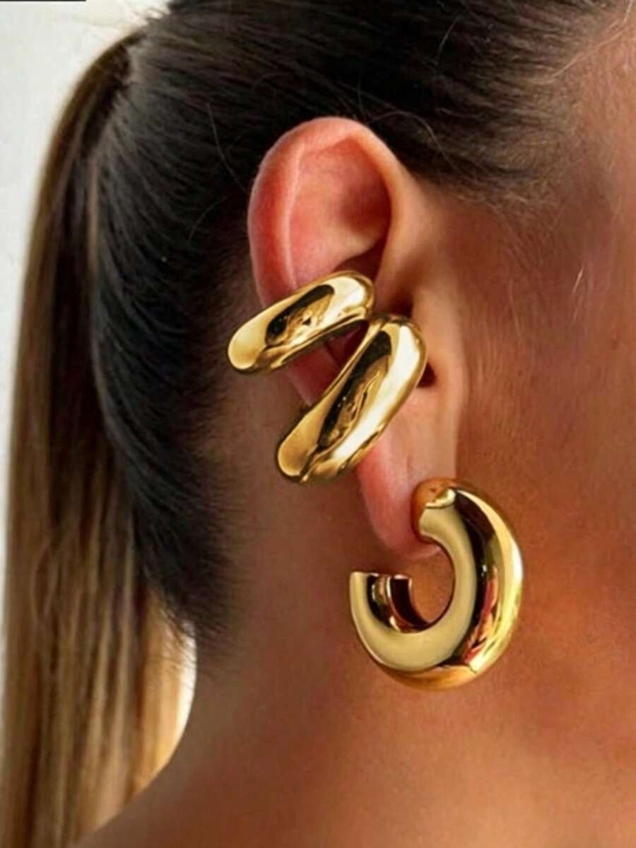 2 đôi khuyên tai vòng dày hình chữ C bằng thép không gỉ trơn bóng, thiết kế riêng theo sở thích của phụ nữ - Vàng - Xem 1