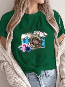 Camiseta de manga corta estampada con diseño, cuello redondo casual, ropa de mujer de talla estándar, top deportivo casual de verano, 100% algodón, lavable a máquina. 3SNK - Verde - Ver 6