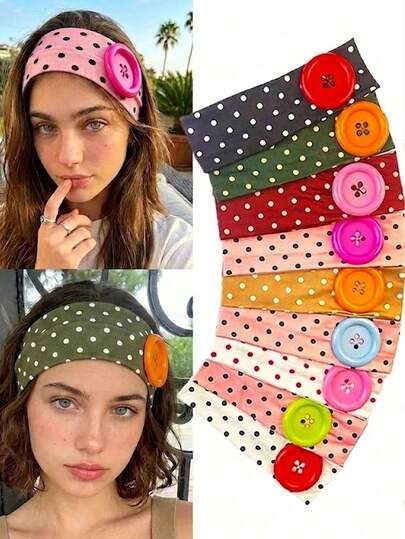 1/9pcs Retro Polka Dot Extra Large Button Wide-Brimmed Printed Headband, Fashionable French Sweet Vintage Versatile Street Style, Travel, Daily Commute, Photo Shoot, Polyester Bohemian Dot Headband, All Seasons Summer Hair Accessories Sport Hair Bands Cycling Sweatband