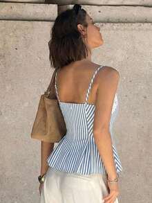 Camiseta de tirantes elegante de unicolor con parches de encaje para el verano - Azul y blanco - Ver 2
