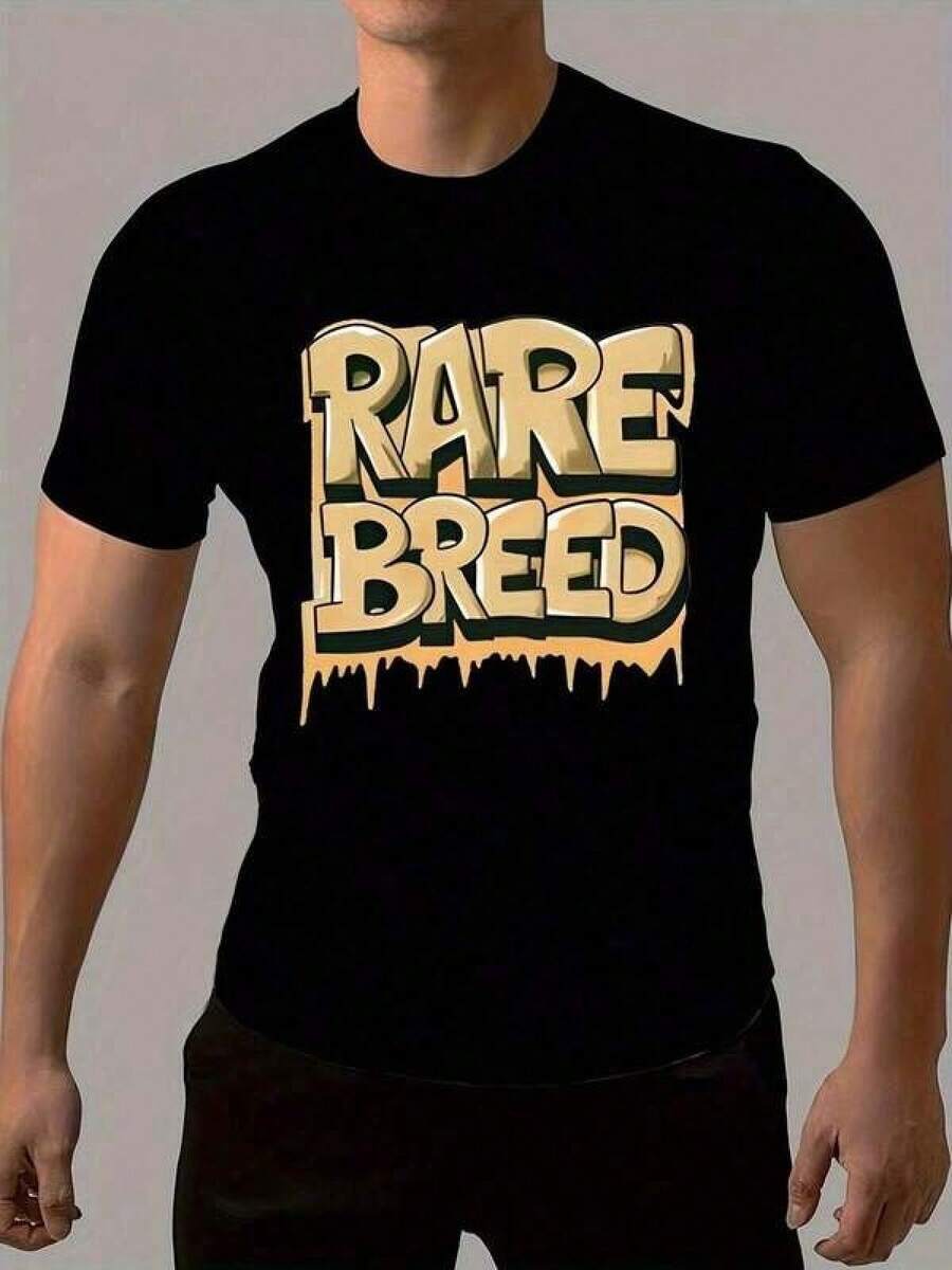 Camiseta de moda de verano para hombres, estilo graffiti con estampado de letras "RARE BREED", cuello redondo, camiseta de manga corta, tops chic y modernos para uso diario y fitness - Negro - Ver 1