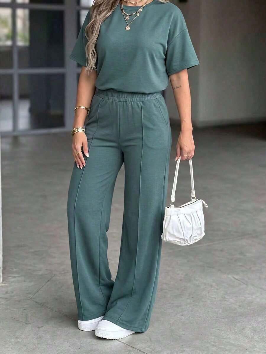 Conjunto deportivo de verano de 2 piezas para mujer Vaiaye, top de manga corta y pantalón ancho de chándal para gimnasio, streetwear, playa y vacaciones - Verde - Ver 1