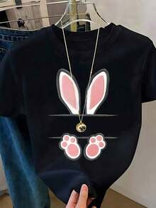 Playera Blanca de Mujer con Orejas y Patitas de Conejo en Estampado de Leopardo, Camiseta Animal Print de Moda, Blusa Casual de Verano con Diseño de Conejito Lindo, Top Estético y Divertido para Diario o RegaloPure-Cotton - Negro 2 - Ver 8