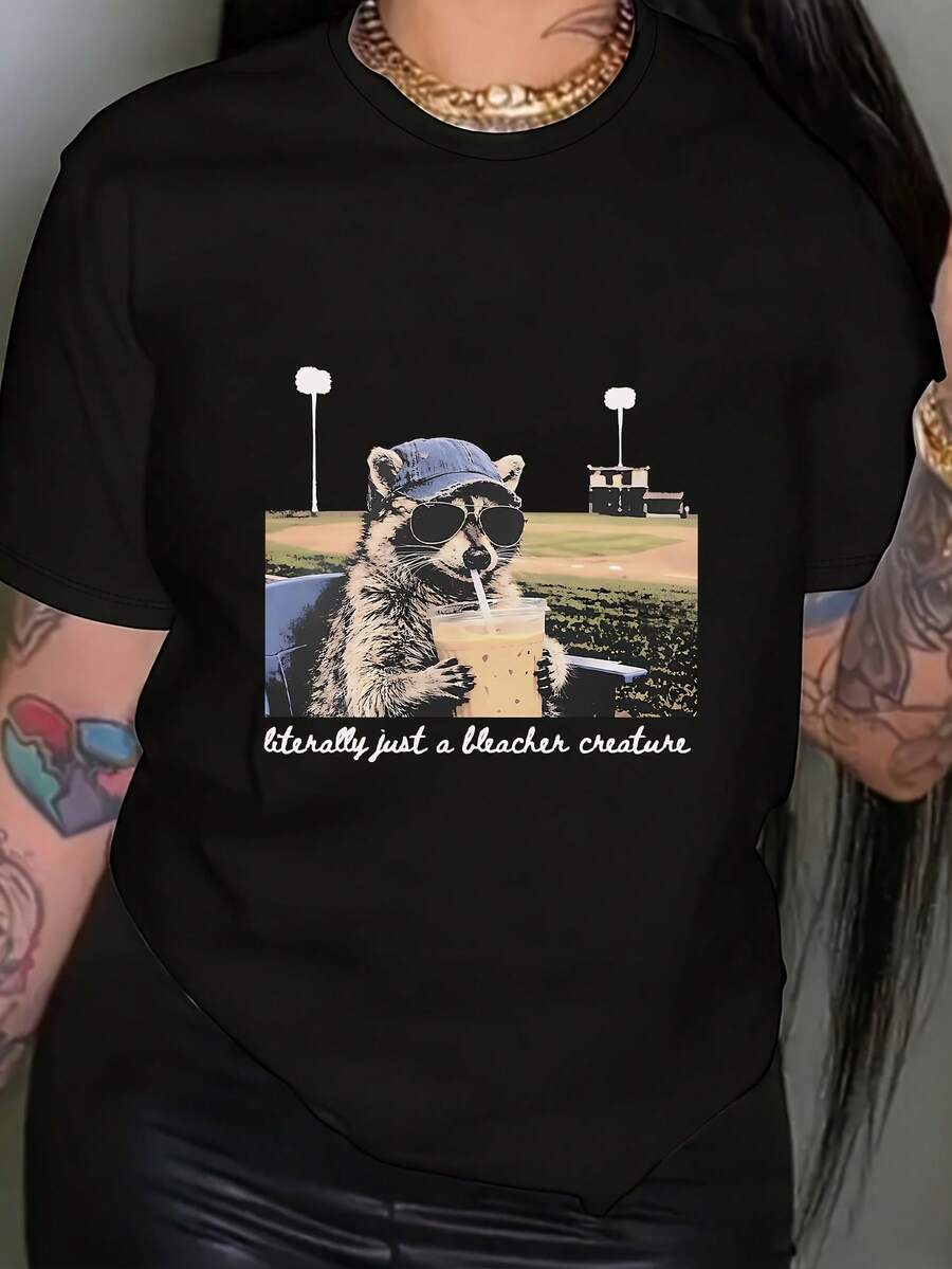 Camiseta de Mujer - Camiseta "Just an Observer Creature" - Camiseta casual de manga corta y cuello redondo con estampado de criatura observadora, no adecuada para primavera y verano, lavable a máquina, camiseta básica de uso diario para mujer. - Negro - Ver 1