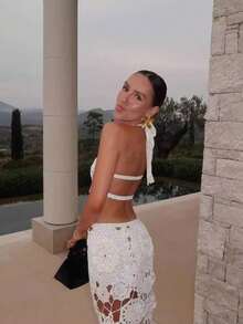 Vestido ajustado sensual con cuello halter escote al descubierto estilo vacacional - Blanco - Ver 3