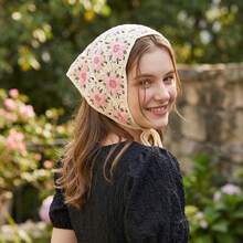 Accessoire de tête d'été avec foulard triangulaire de style pastoral français. Bandeau en dentelle, turban crocheté, foulard bandana pour cheveux pour femmes et filles. Bandeaux vintage tricotés, accessoires de mode pour cheveux - Rose bonbon - Voir 5