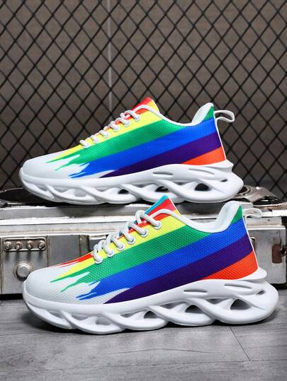 Unisex Rainbow Chunky Sneakers, Mesh Breathable Low-Top Chunky Sole Casual Sports Shoes