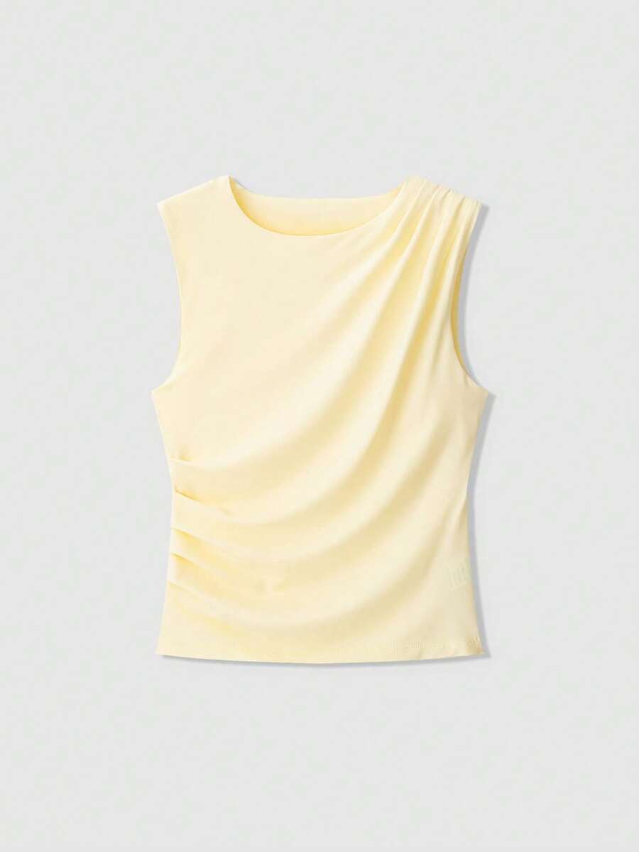Blusa sin mangas de verano de estilo casual con drapeado en color amarillo mantequilla para mujer - Amarillo - Ver 1