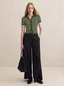 Suéter de punto con cuello vuelto, botones y rayas para mujer, prenda de punto superior para uso urbano, atuendo casual de negocios, ropa elegante para mujer - Verde militar - Ver 7