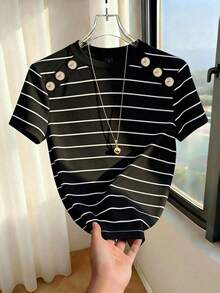 Suéter de punto de estilo minimalista francés para mujer, diseño de bloques de color a rayas clásico en negro y blanco, cuello redondo de manga corta, versátil y casual, adecuado para uso diario, trabajo, citas, estudiantes, maestros y talla gran - Multicolor - Ver 6