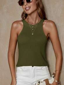 Blusa de punto de mujer sin mangas unicolor, estilo minimalista casual - Verde militar - Ver 5