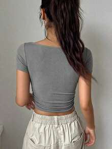 Camiseta de mujer de manga corta y cuello redondo, informal, con estampado de letras para el verano, camisetas gráficas - Gris 3 - Ver 4