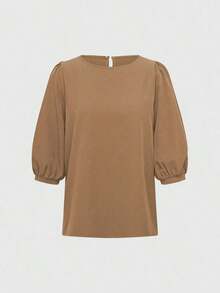 Blusa casual suelta de manga farol de cuello redondo de unicolor de verano para mujeres, top de manga tres cuartos - Amarillo - Ver 4