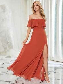 Vestido de dama de honor amarillo con volantes en los hombros, abertura alta y silueta A, adecuado para bodas de primavera/verano, fiestas, playa y vacaciones - Naranja Quemada - Ver 8