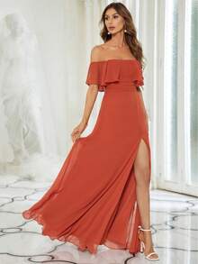 Vestido de dama de honor amarillo con volantes en los hombros, abertura alta y silueta A, adecuado para bodas de primavera/verano, fiestas, playa y vacaciones - Naranja Quemada - Ver 9