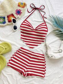 Nuevo conjunto informal de vacaciones de primavera/verano para invitados a bodas en la playa, graduación, brunch, Día de San Patricio, Spring Break, Pascua, festivales de música, elegante, bohemio, tropical, con estampado de rayas azul y blanco, camiseta de tirantes finos y conjunto de 2 piezas - Rojo y blanco - Ver 4