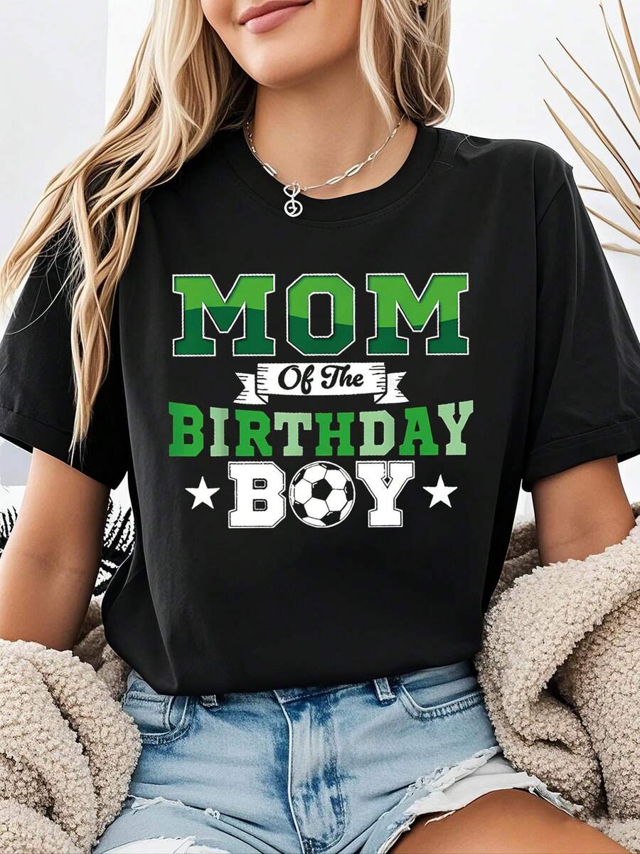 Camiseta para mujer con estampado de letras "Soccer Mom Of The Birthday", de manga corta y cuello redondo, casual para primavera-verano, ocio diario, regalo de festividades