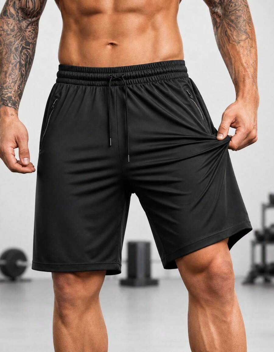 Men's Bermuda Shorts With Zipper, Gym, Sports, Beach, Breathable & Lightweight Polyamide - Black - View 1