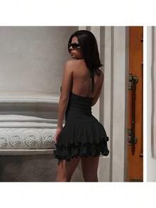 Vestido Ajustado De Chica Trendy Con Cuello Halter, Volantes Y Diseño De Botones Simples - Negro - Ver 3