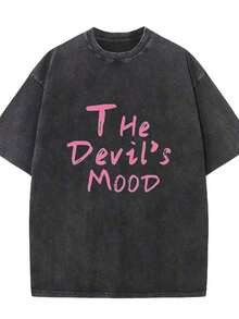 Camiseta de manga corta estampada de algodón lavado de 230 g, colección Verano 2026|   Camiseta de manga corta estilo retro americano, holgada, de hombros caídos, estilo para parejas, de algodón pesado lavado y desgastado para verano. - Negro - Ver 9
