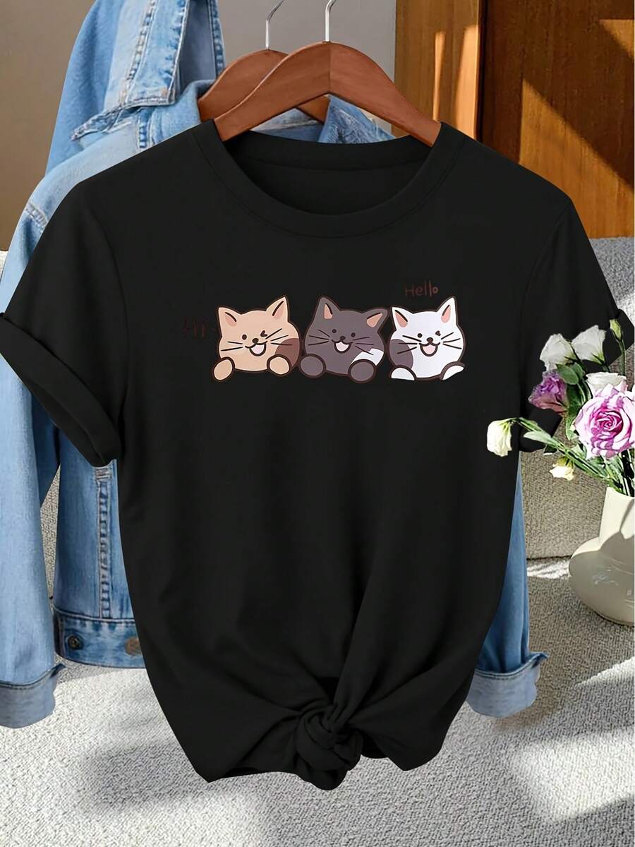 Elegant Women's Short Sleeve Crew Neck T-Shirt With "Hi Hello" Print And Three Cats Peeking Out, For Spring, Summer And Autumn, Versatile Vintage Style For Daily Wear, Holidays And Travel - 黑色 - 查看 1