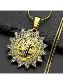 Catholic Saint Benedict Rhinestones Medal Stainless Steel Pendant Necklace For Women Men Gold Color Chain Jewelry San Benito - Necklace - View 8