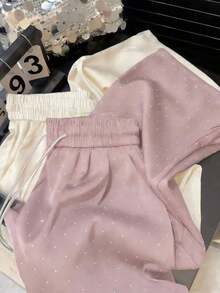 Pantalones rectos de cintura alta con goma elástica de satén, con brillos y anudado a la cintura - Rosa - Ver 5
