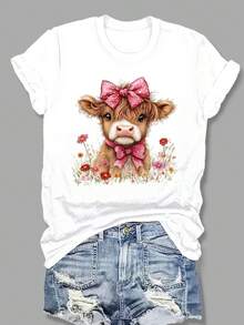 Camiseta de mujer con estampado de yak, cuello redondo ajustado, top de manga corta a la moda para mujer. - Blanco - Ver 1