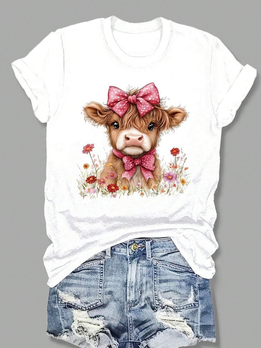 Camiseta de mujer con estampado de yak, cuello redondo ajustado, top de manga corta a la moda para mujer. - Blanco - Ver 1