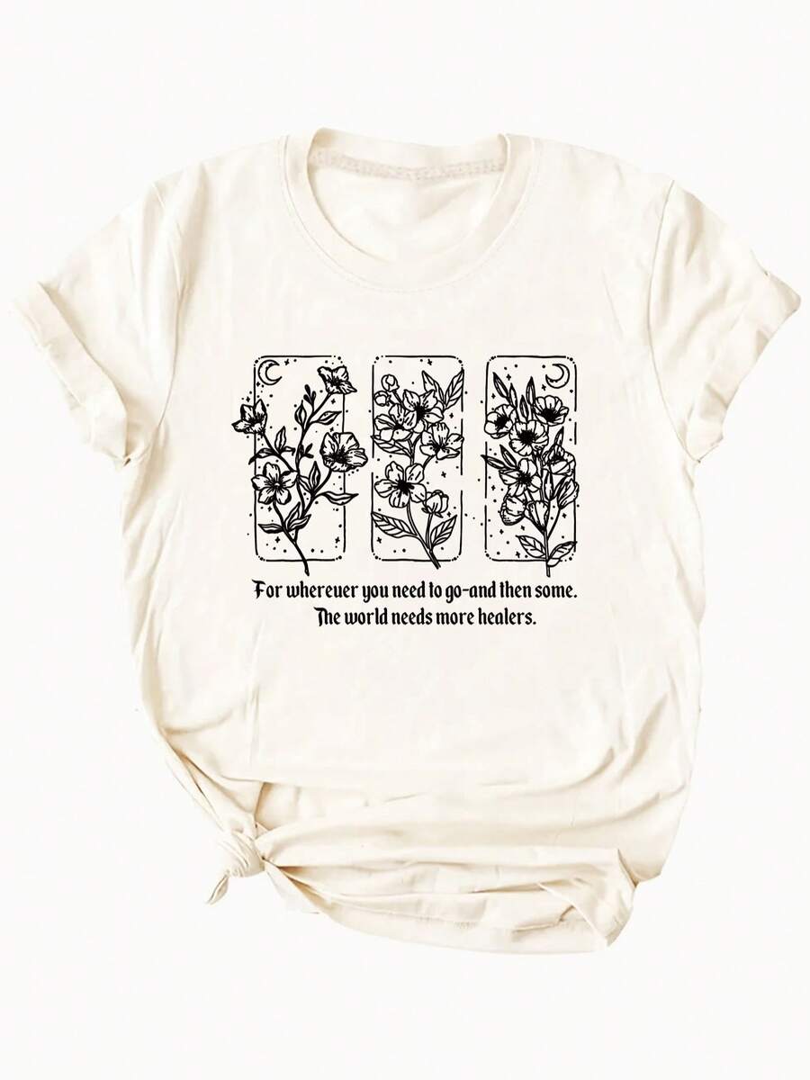 Women's T-shirt Top de manga corta para mujer con estampado floral de verano y cuello redondo ajustado. - Albaricoque - Ver 1
