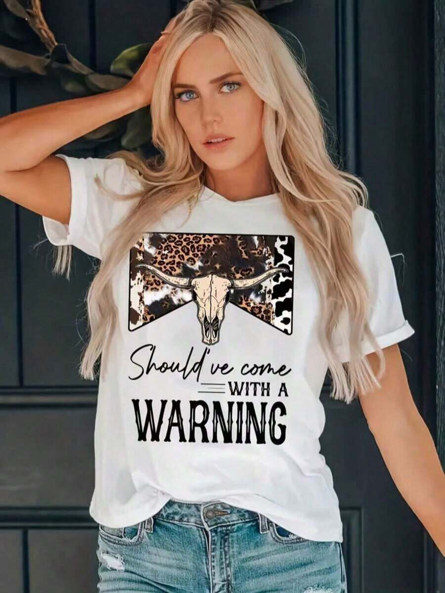 Women's Casual Short Sleeve T-Shirt - Bull Skull And Leopard Print, "Should've Come With A Warning" Graphic, Summer Casual T-Shirt, 100% Cotton, Durable - 白色 - 查看 1