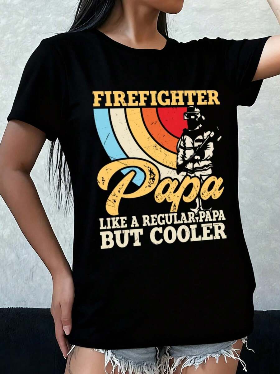 Camiseta de manga corta genial para papás bomberos, camiseta de mujer, estilo elegante negro, ropa de primavera y verano, adecuada para uso diario y de fin de semana, estilo-hop urbano, ropa - Negro - Ver 1